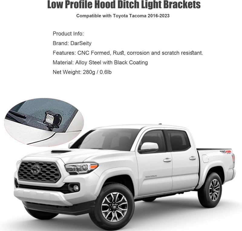 DarSeity Low Profile Mount Hood Hinges Ditch Light Brackets for Tacoma 3rd Gen 2016-2023, for Auxiliary Off-Road Lighting - Image 2